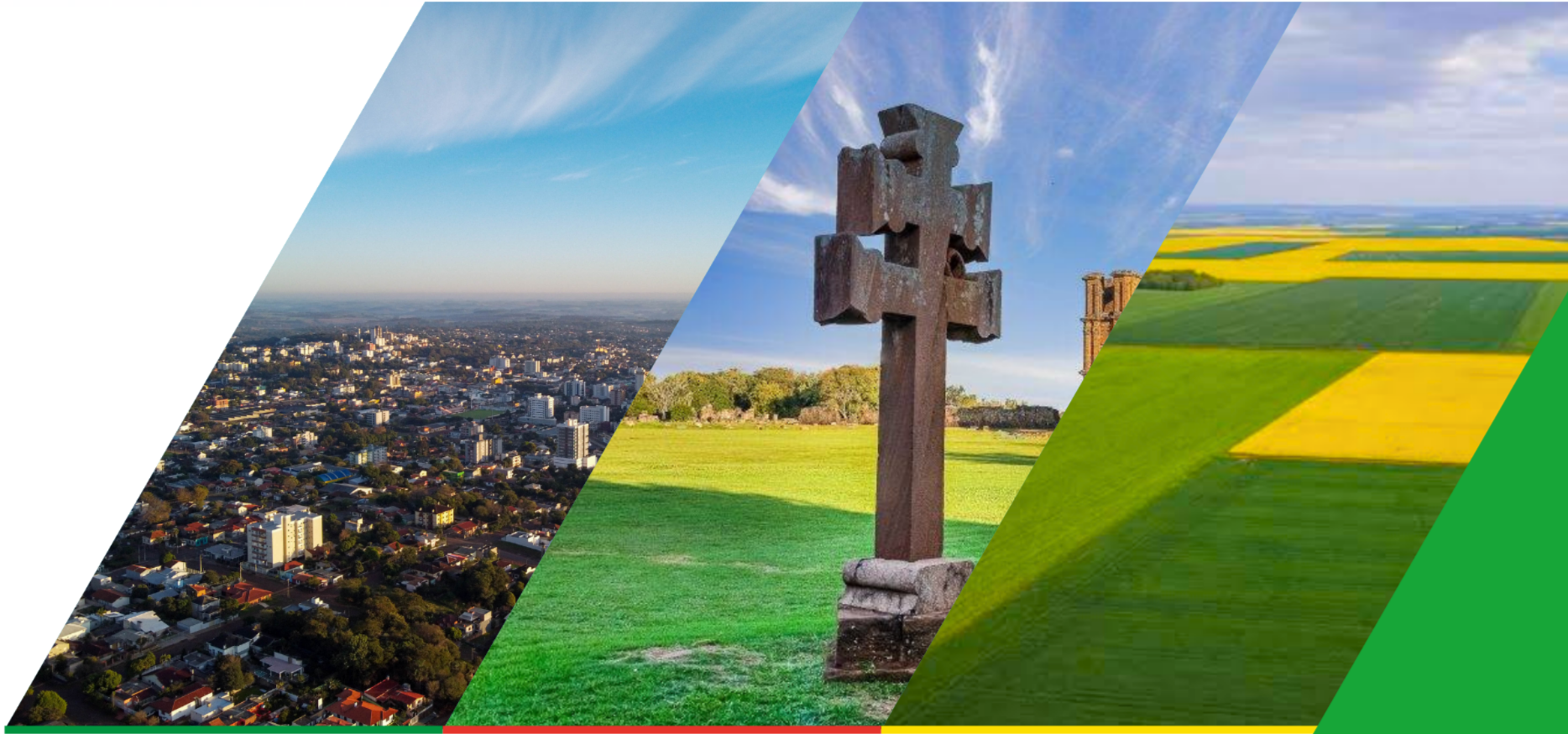 Composição das regiões Noroeste, Missões e Celeiro com cidade, cruz missioneira e lavouras.